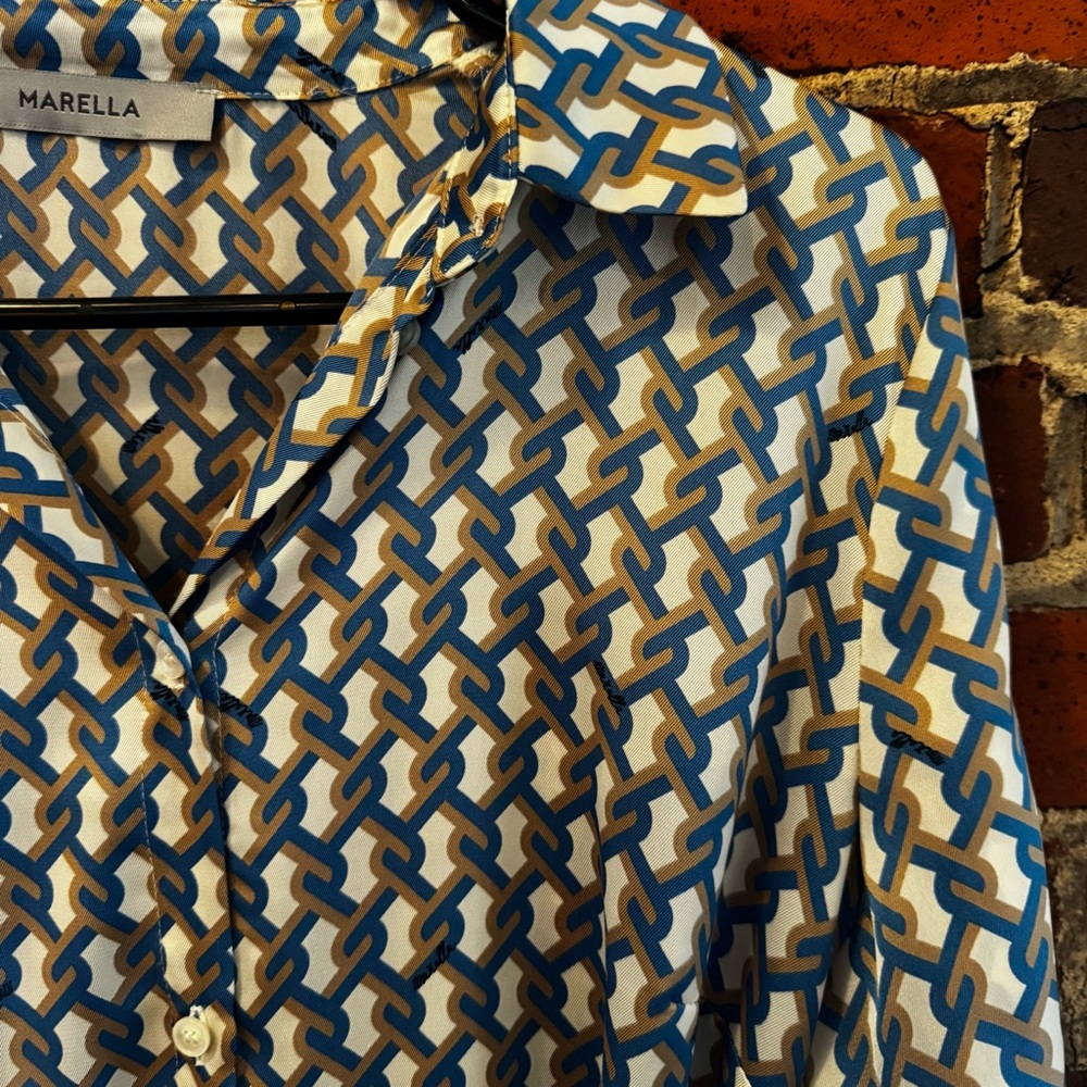 MARELLA Blue and White Geometric Long Sleeve Dress - Picture 9 of 14